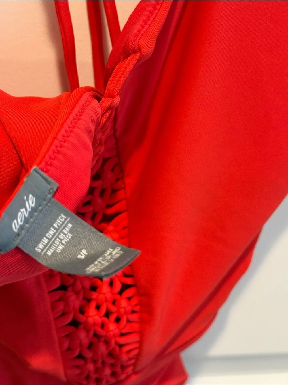 Aerie Red Macrame Plunge One Piece Swimsuit Halter Open Back Size Small